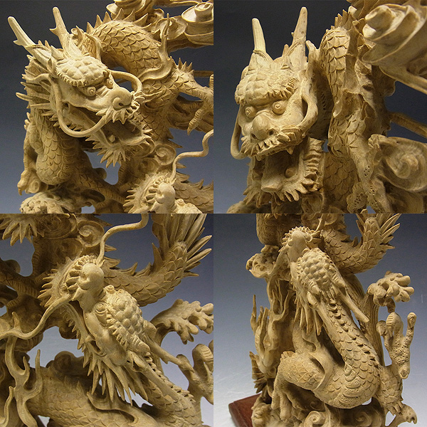 仏像 販売 龍祥-Ryusho- | 仏像や木彫り・縁起物などの販売・通販 / 柘植 細工彫り双龍 ガラスケース付き 53.5cm