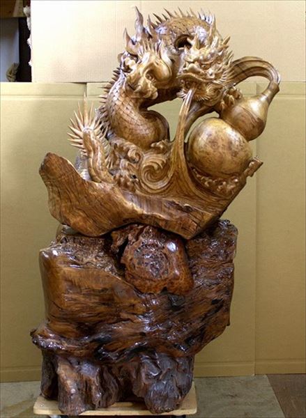 仏像 販売 龍祥-Ryusho- | 仏像や木彫り・縁起物などの販売・通販 / 黄金楠 ひょうたん龍 (木台付き) 148cm