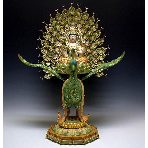 中国の乾隆の時期、瑠璃の古仏、孔雀の明王の仏像-